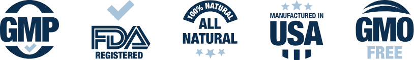 Seller-supplied badge artwork displaying GMP, FDA registered, all natural, manufactured in USA, and GMO free claims